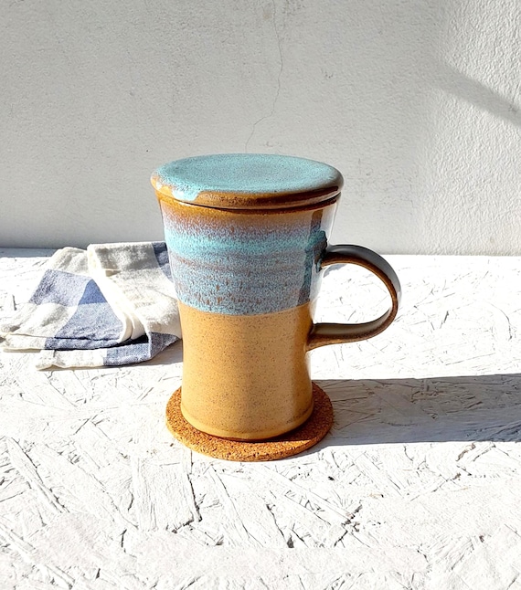 400 ml blauer Keramikbecher mit Deckel, 13,5 FL. Unze. Große Keramiktasse, moderne blaue und beige Teetasse, braune Keramiktasse