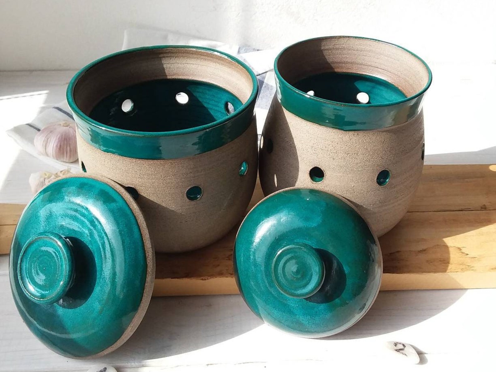 Large Ceramic Garlic or Onion Keeper Turquoise & Gray Potato Etsy UK