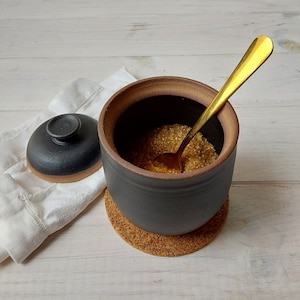 Small Black Ceramic Jar, Pottery Storage Jar with Lid,  Black Clay Caddy, Brown Container with Lid, Ceramic Honey Pot, Handmade Salt Cellar