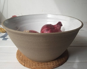 White and Gray Stoneware Bowl, Deep Pottery Salad Bowl, Ceramic Serving Bowl, Gray and White Pasta Bowl