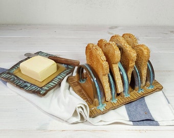 Ceramic Toast Rack and Butter Dish Set, Modern Pottery Toast Holder with Handle and Butter Dish