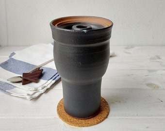 12 fl. oz. or 15 fl. oz. Tall Black Ceramic Travel Mug, 350 or 450 ml Black and Brown Travel Mug With Ceramic Lid