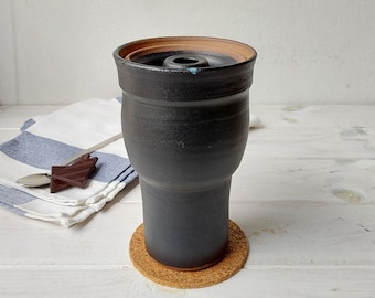 12 onces liquides onces ou 15 onces liquides onces Grande tasse de voyage en céramique noire, 350 ou 450 ml Mug de voyage noir et marron avec couvercle en céramique