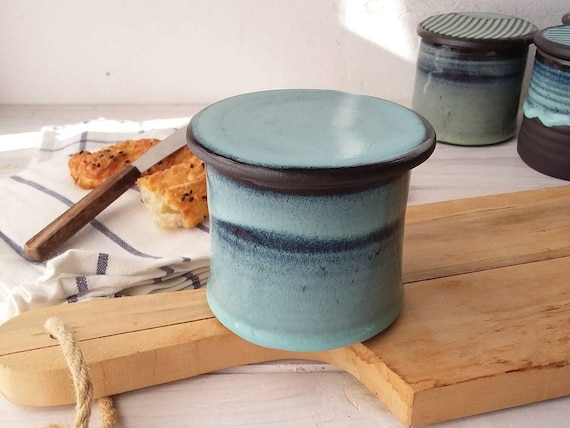 Green and Black French Butter Crock With Patterned Lid, Rustic Blue and  Black Butter Keeper 