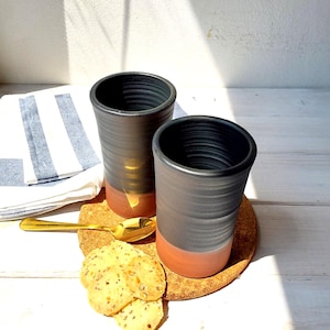 Vaso alto de cerámica negra y terracota de 10 onzas líquidas, vaso de cerámica de gres negro de 300 ml