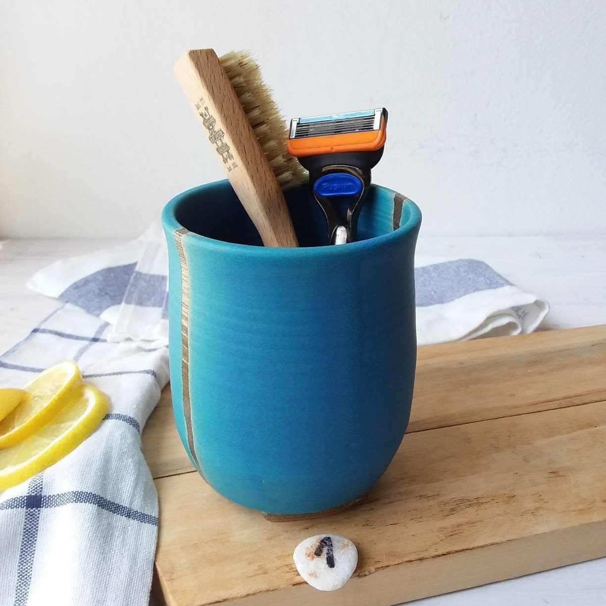 Porte-Brosse à Dents, Rangement de Salle Bain, Support en Céramique, Poterie Turquoise, Organisateur