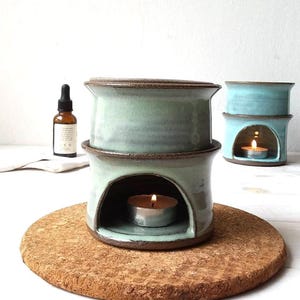 Blue and Gray Ceramic Oil Diffuser, Handmade Green and Gray Essential Oil Burner For the home or spa