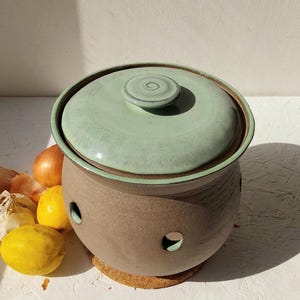 3XL Handmade Ceramic Potato or Onion Keeper, 8&quot; Green Gray Potato or Onion Storage Container