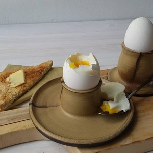 Ceramic Egg Cup with or without attached plate, Modern Beige Egg Holder, Soft Boiled Egg Holder image 2