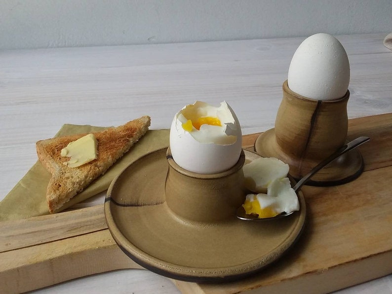 Ceramic Egg Cup with or without attached plate, Modern Beige Egg Holder, Soft Boiled Egg Holder image 2
