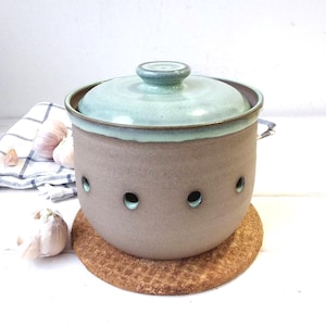 Large Handmade Ceramic Garlic or Onion Keeper, Green Gray Potato or Onion Storage Container