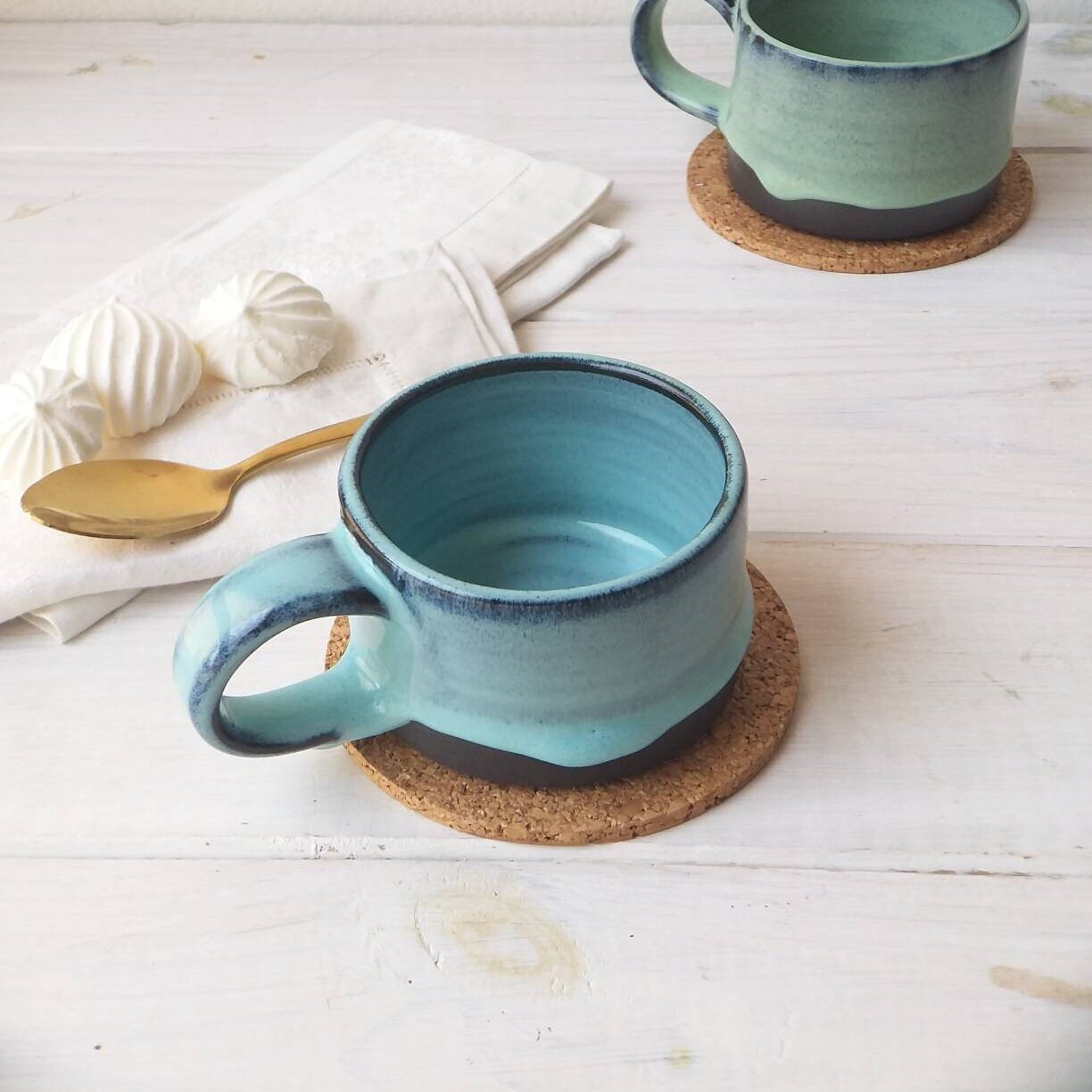 Lot De 2 Grandes Tasses à Café Et Cappuccino 500ml En Céramique - Vert Encre Avec Anse