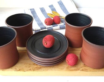 Terracotta and Black Pottery Espresso Tumbler and Plate, 6 Fl. Oz. Ceramic Espresso Cup, Stoneware Cappuccino Mug