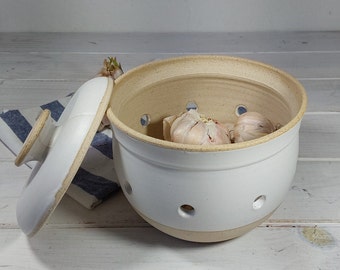 Large Ceramic Garlic or Onion Keeper, White and Beige Potato or Onion Storage Container