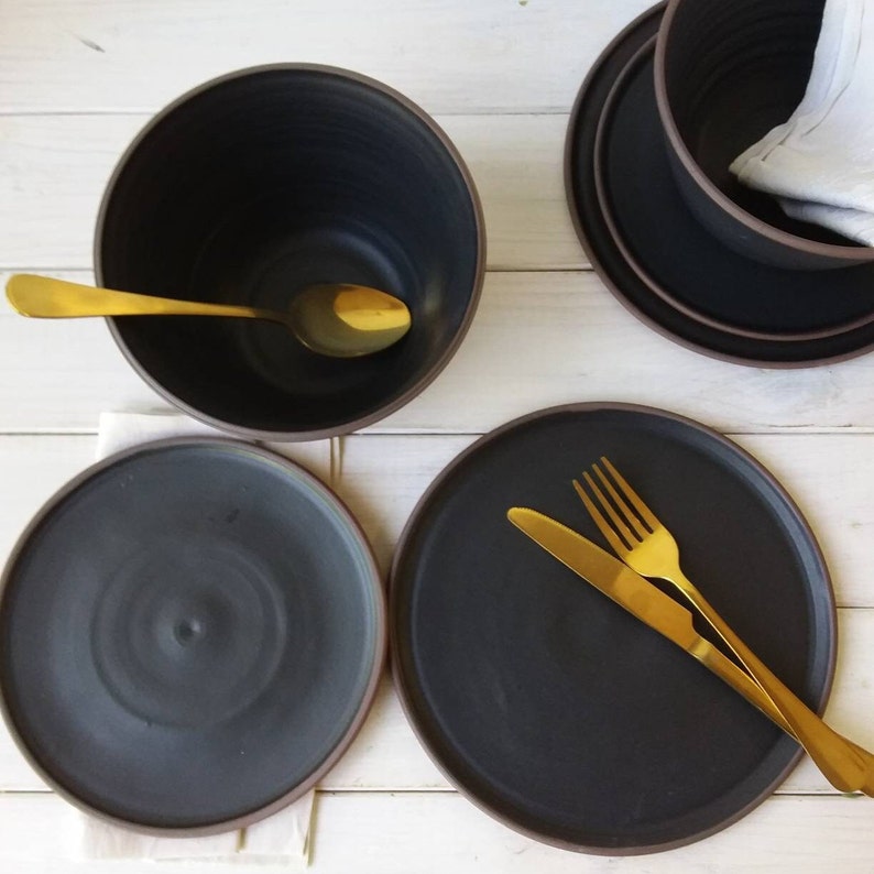 Black Stoneware Dinner Set, THREE PIECE Terracotta Clay Dinner Set image 7