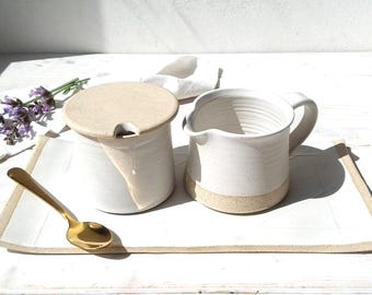 White Ceramic Creamer Set with Tray, Set Of Milk Jug, Handmade Sugar Bowl and Serving Dish
