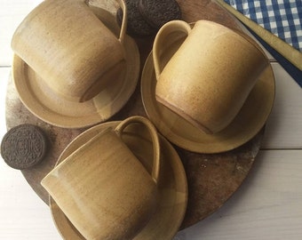 Brown Cappuccino Mug, Ceramic Coffee Set, Ceramic Tea Cup, Brown Cup And Saucer, Herbal Tea Set, Tea Cup And Saucer, Beige Pottery Cup