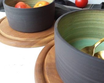 SET OF TWO Black and Green Nested Pottery Bowls, Deep Ceramic Serving Bowls, Black Ceramic Bowls
