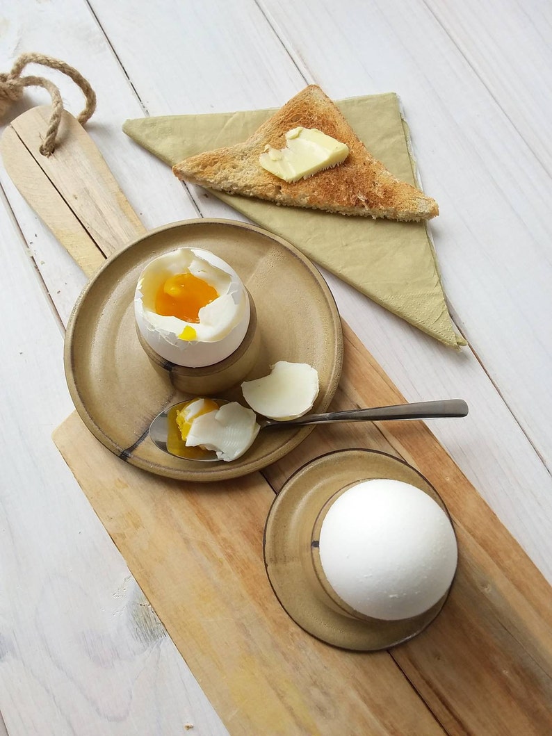 Ceramic Egg Cup with or without attached plate, Modern Beige Egg Holder, Soft Boiled Egg Holder image 3