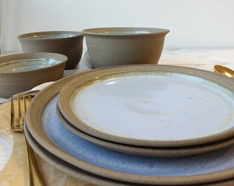 SET OF TWO Handmade Gray Dinner Plates, Light Blue Ceramic Set of Large Main Course And Side Plates