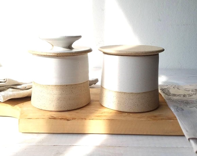 French Butter Crock, Rustic White Butter Keeper with Handle, Ceramic Butter Crock, 150 or 330 grams Butter Crock, 3 Stick Butter Keeper