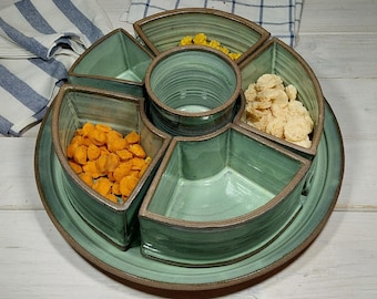 Large Relish Dish Set, Ceramic Chip and Dip Serving Set, Ceramic Snack Dishes and 14" Platter