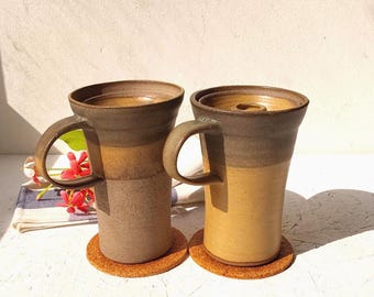 10 fl. oz. Tall Beige and Grey Ceramic Travel Mug, 300 ml Handmade Travel Mug With Ceramic Lid and Handle