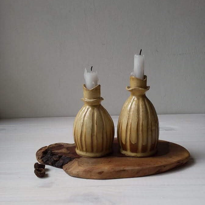 Chandeliers en Céramique, Ensemble de Deux Bâtons Bougie, 2 Bougie Poterie, Chandeliers Beiges, Shab