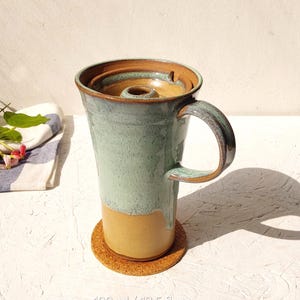 10 fl. oz. or 13.5 fl. oz. Tall Handmade Ceramic Travel Mug, 300 ml or 350 ml or 400 ml Beige and Green Travel Mug w Ceramic Lid and Handle