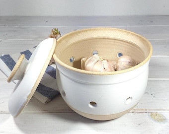 チェリーカラーとグレーの陶器製ガーリックキーパー、ピンクとグレーの