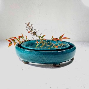 Dark Teal Clay Donut Vase, Rustic Ring Vase, Modern Round Ceramic Vase, Unique Ikebana Vase, Turquoise Pansy Vase, Low Circular Flower Vase