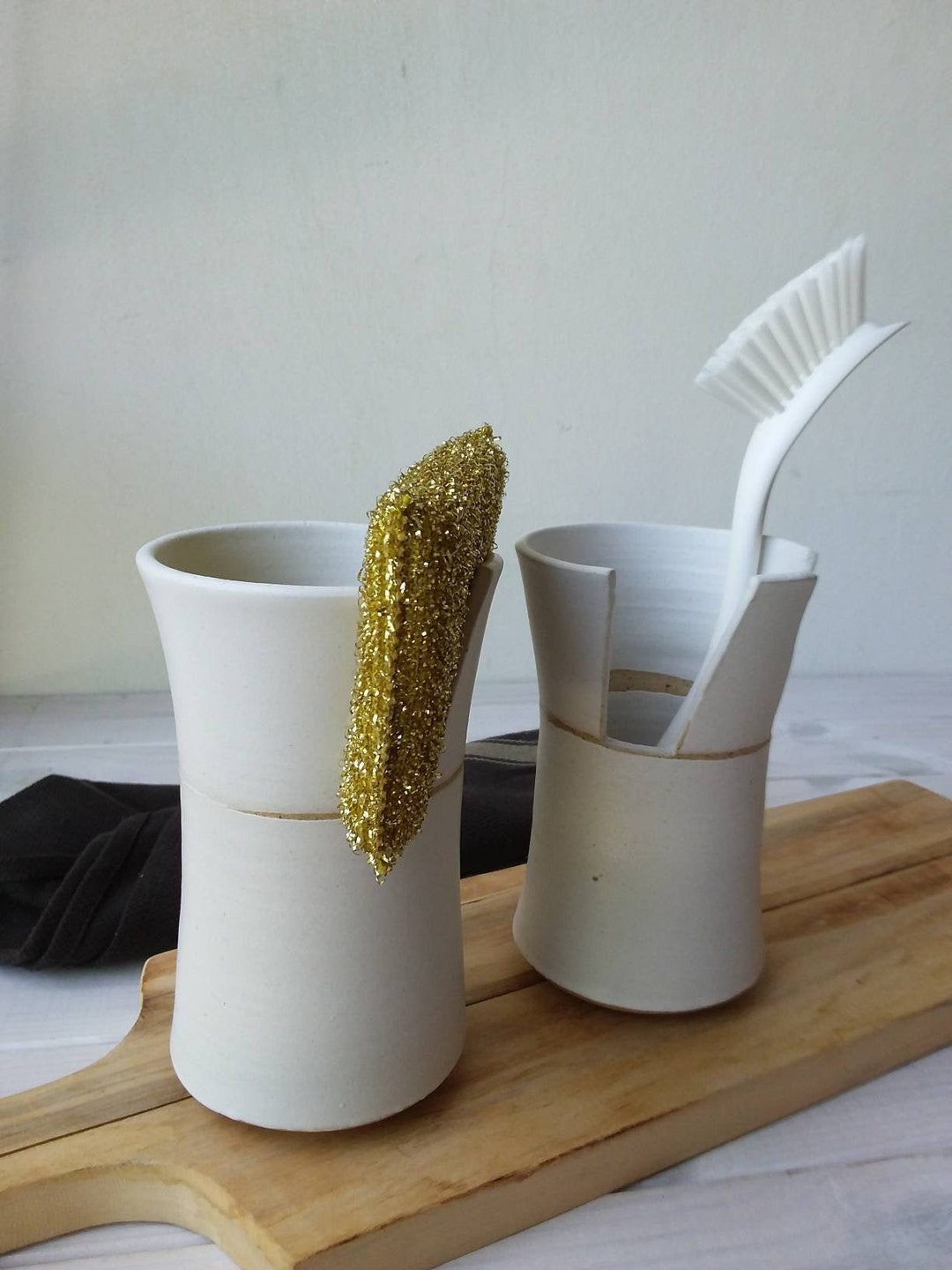 White Kitchen Sponge and Brush Holder, Rustic Scouring Pad and Brush