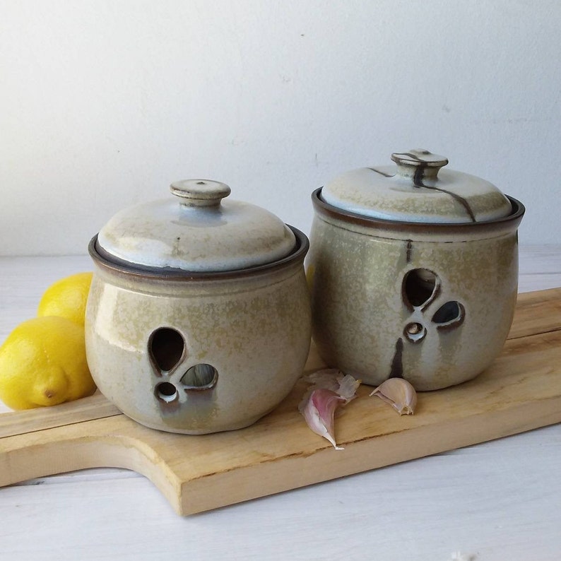 Gray Ceramic Garlic Keeper Lidded Pottery Garlic Jar Etsy