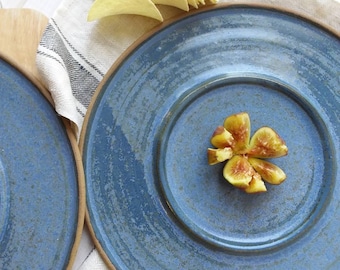 Large 11" Ceramic Serving Platter, Large Blue Pottery Dish with Inner Ring