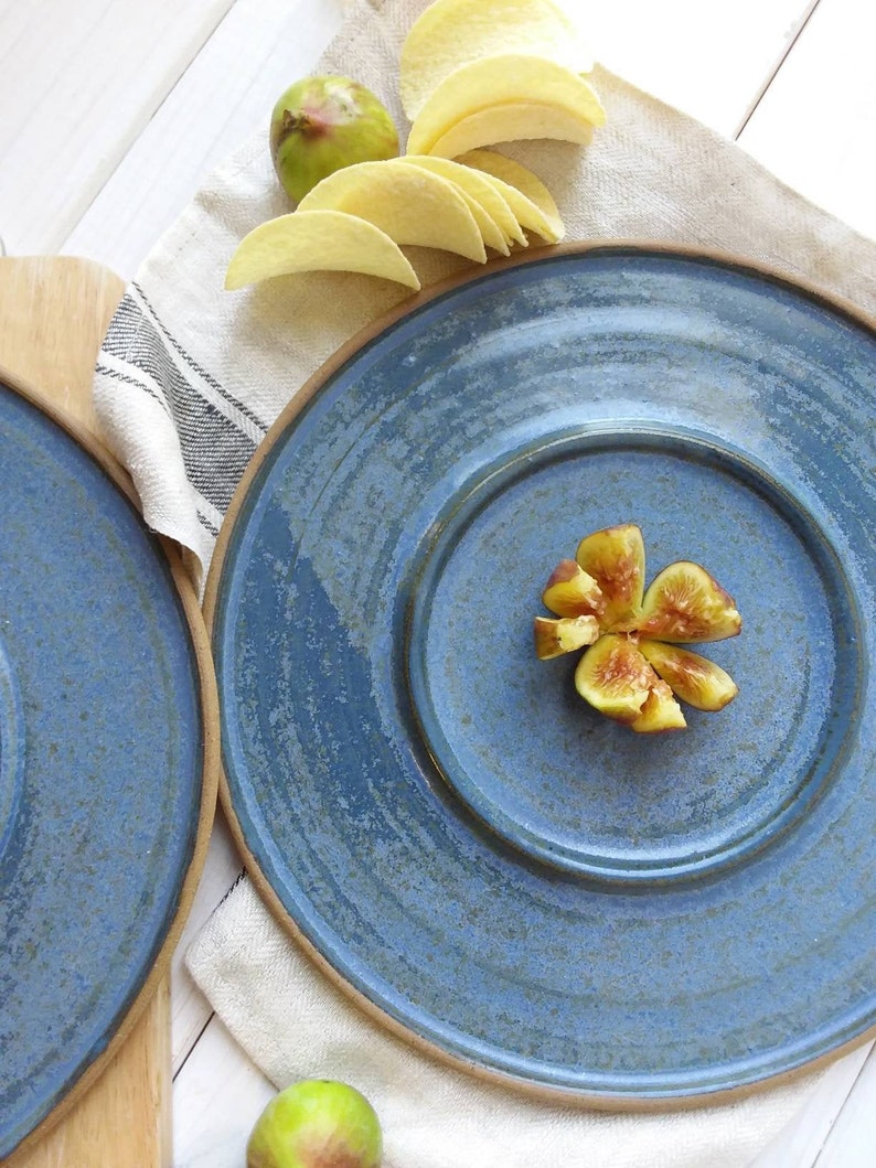 Large 11 Ceramic Serving Platter, Large Blue Pottery Dish with Inner Ring image 1