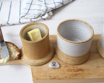 Stoneware French Butter Crock, Rustic White Butter Keeper, Speckled Mustard Colored French Butter Crock