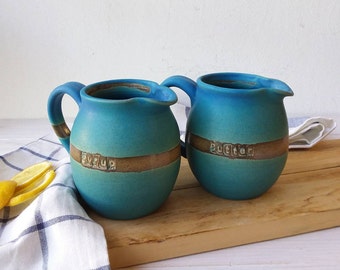 Small Turquoise Ceramic Pitcher,  Pottery Butter or Syrup Crock