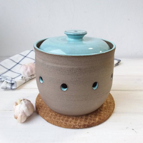Large Ceramic Garlic or Onion Keeper Turquoise & Gray Potato Etsy