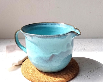 Deep Ceramic Mixing Bowl with Handle and Spout, Modern Light Blue Stoneware Pasta Bowl