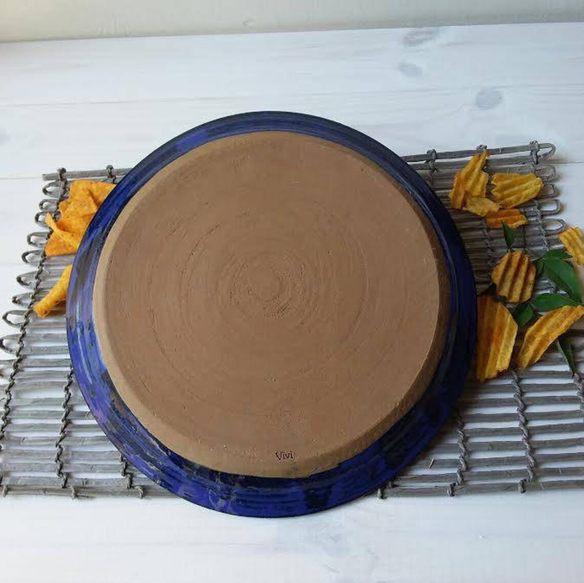 Ceramic Chip and Dip Platter Ceramic Snack Dish Blue Serving Etsy