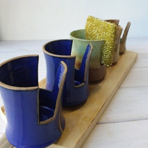 Kitchen Sponge Holder, Kitchen Storage, Ceramic Sponge Holder, Blue Sponge Holder, Green Sponge Holder, Brown Pottery, Scouring Pad Holder