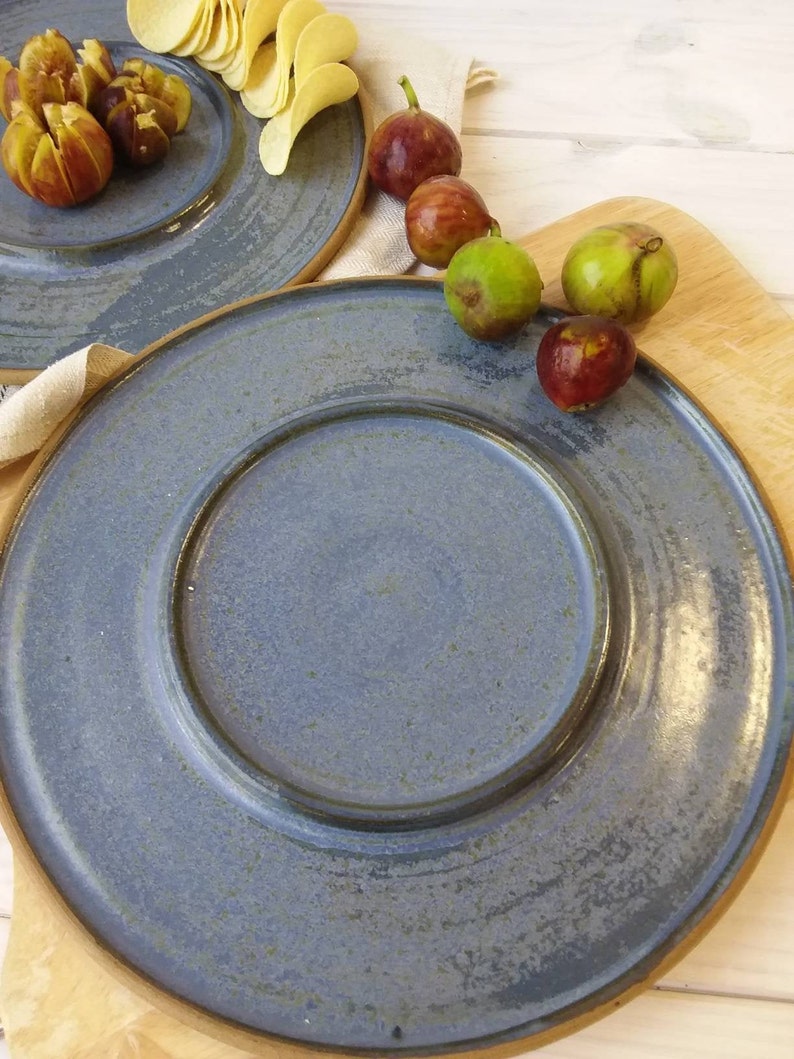 Large 11 Ceramic Serving Platter, Large Blue Pottery Dish with Inner Ring image 9