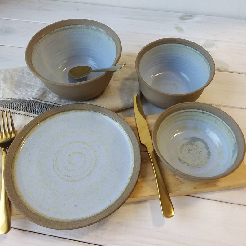 SET OF TWO Handmade Gray Dinner Plates, Light Blue Ceramic Set of Large Main Course And Side Plates image 4