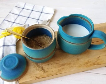 Turquoise Ceramic Creamer Set, Set Of Milk Jug & Sugar Bowl