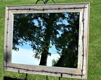 Barn Wood Mirror with Barb Wire