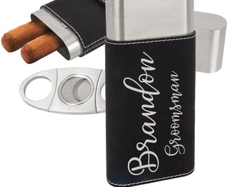 Personalized Name Engraved Leatherette Cigar Case with Cutter