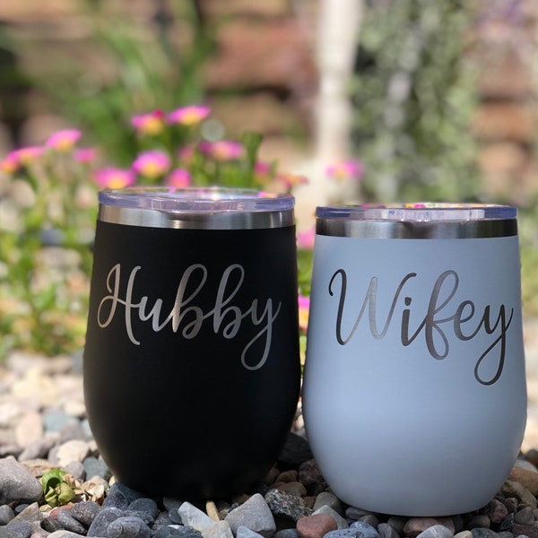 Wifey & Hubby Wine Tumbler Set Wedding Engagement Gift for Husband, Wife, Bride, Groom, 12oz Stainless Steel Tumbler w/ Lid, Black and White