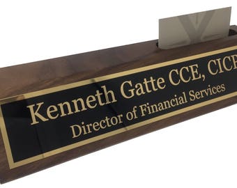 Personalized 10" Walnut Business Desk Name Plate with Card Holder-Free Engraving