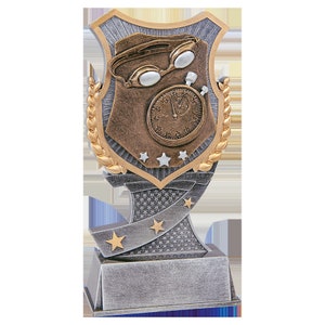 May include: A gold and silver trophy with a shield-shaped top featuring a stopwatch and goggles. The base of the trophy has a ribbon with stars.