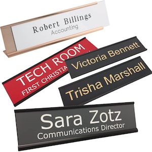 Custom Engraved Name Plates with Aluminum Holder. 2x8&quot; Personalized Wall Name Plates and Desk Name Plates Business Office & Home Office Use